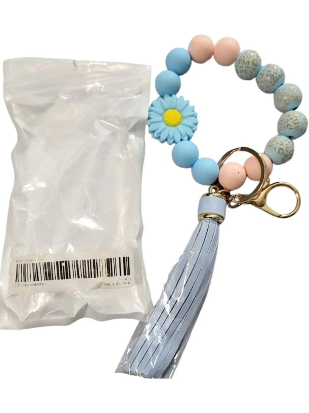 CHIC Blue Daisy Silicone Beaded Wristlet Keychain With Tassel - New In Package